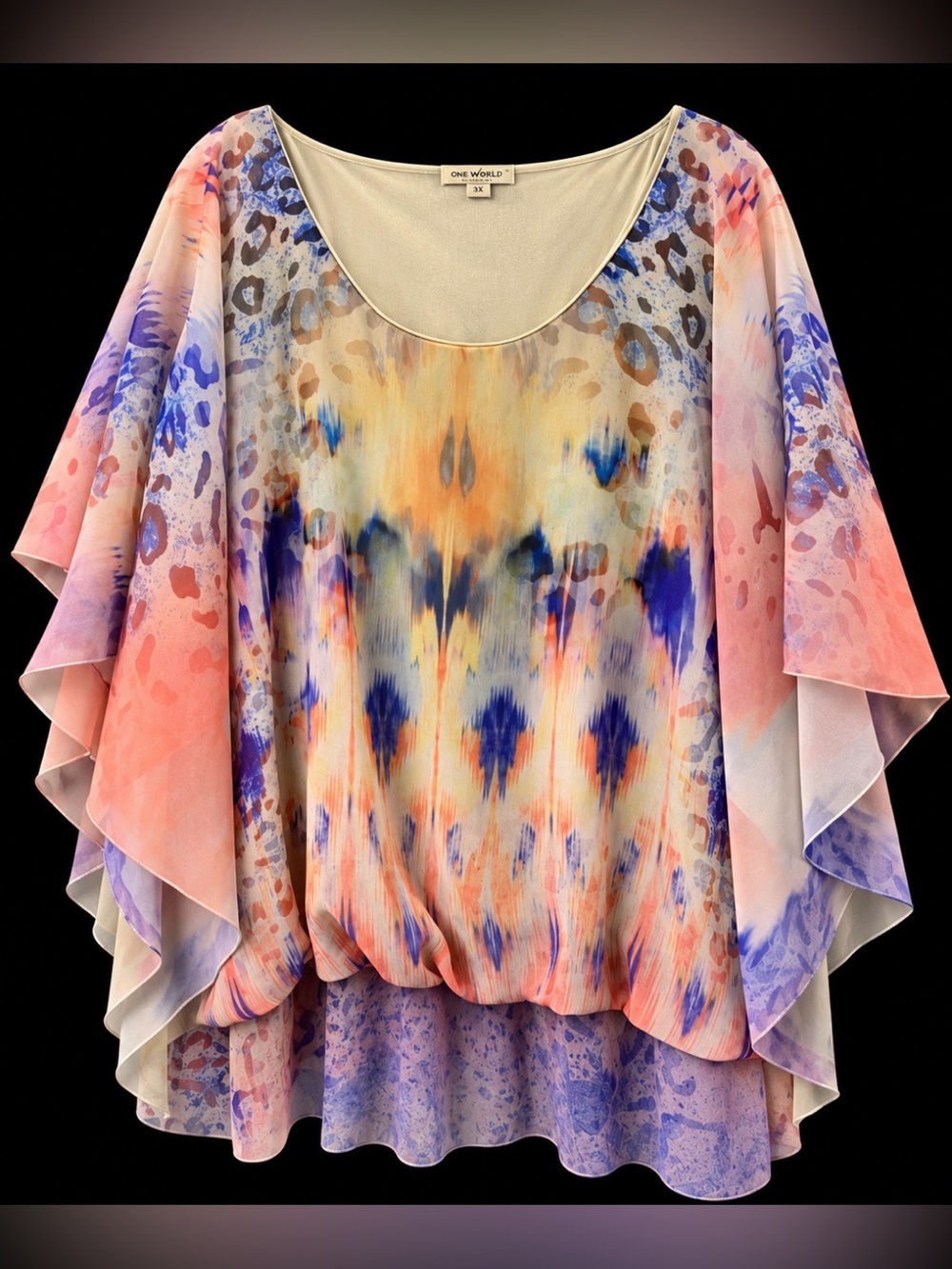 ONE WORLD -3X- Pastel Watercolor Animal-Print Chiffon Blouse - elastic waist